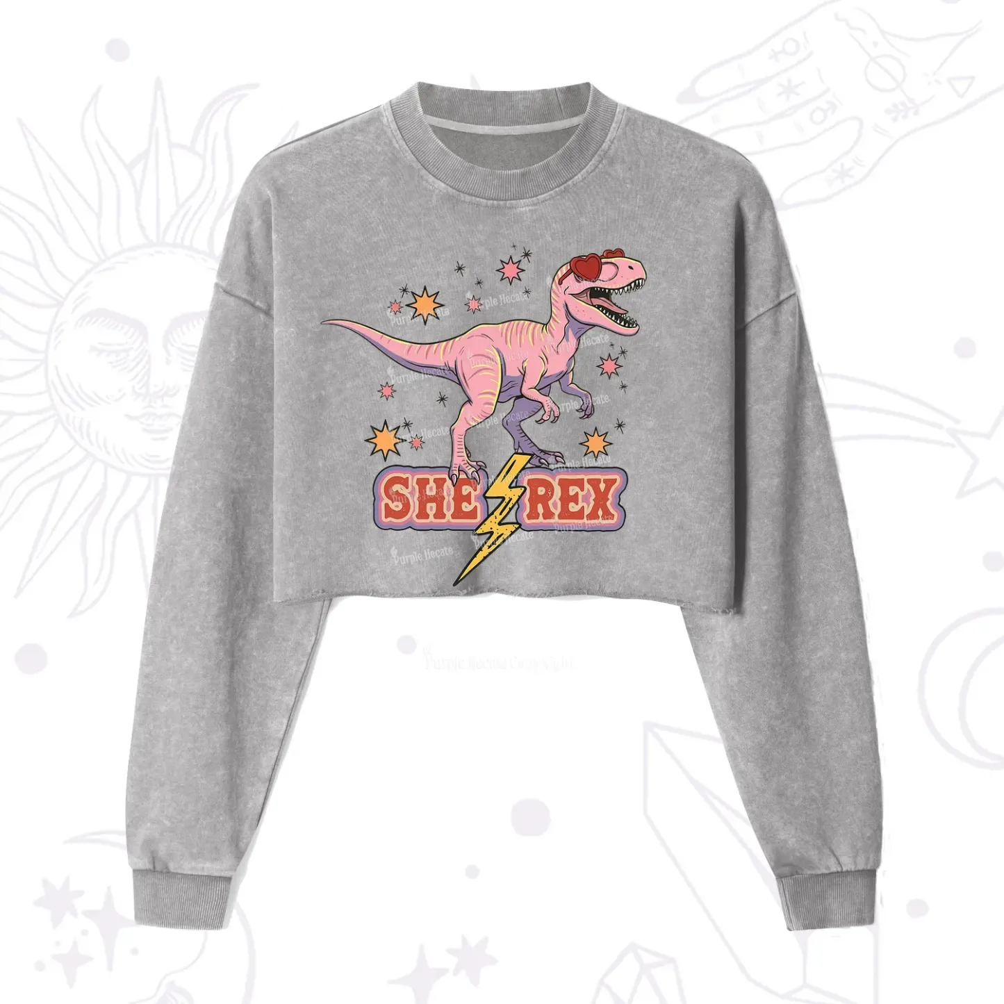 Purplehecate T Rex Dinosaur Girl Cropped Washed Sweatshirt