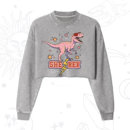 Purplehecate T Rex Dinosaur Girl Cropped Washed Sweatshirt