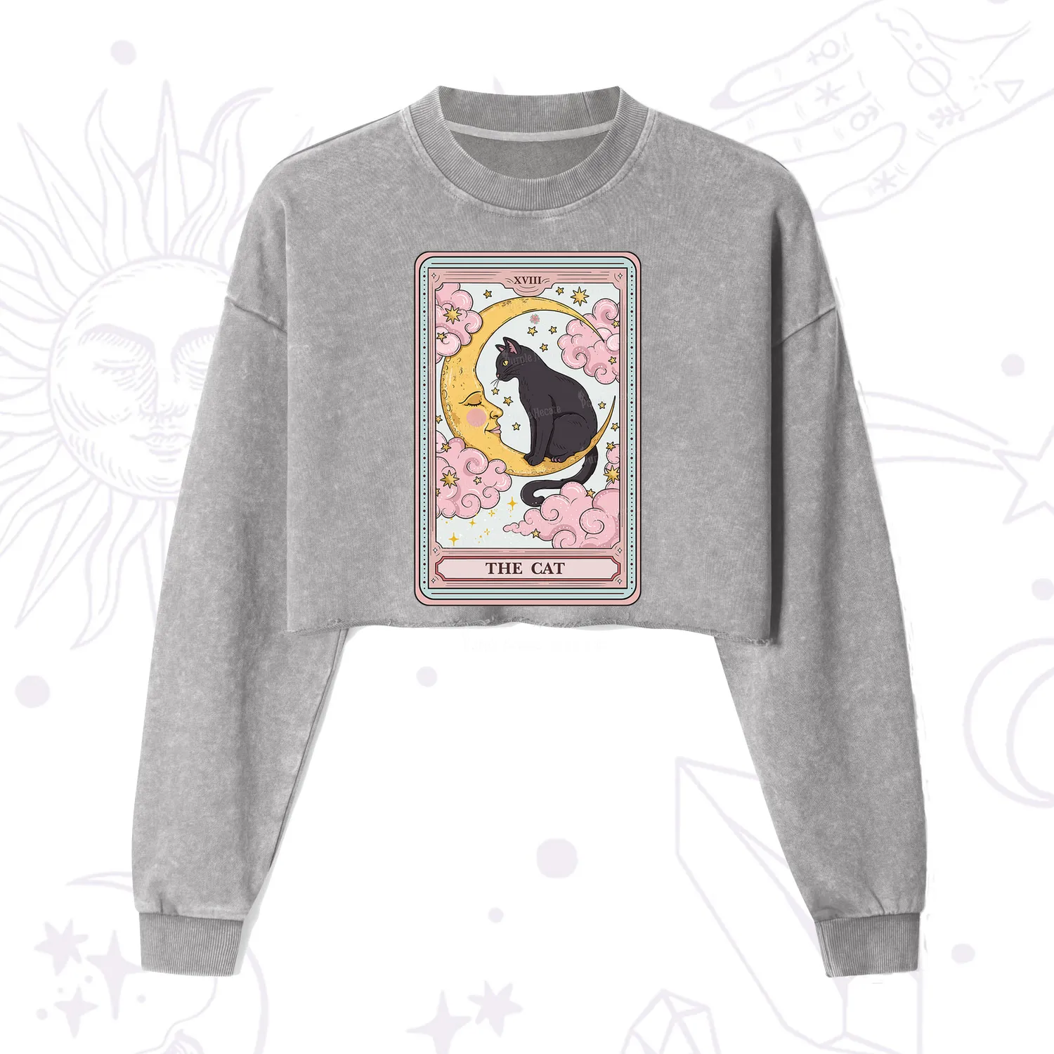 Purplehecate The Cat Tarot Card Cropped Washed Sweatshirt