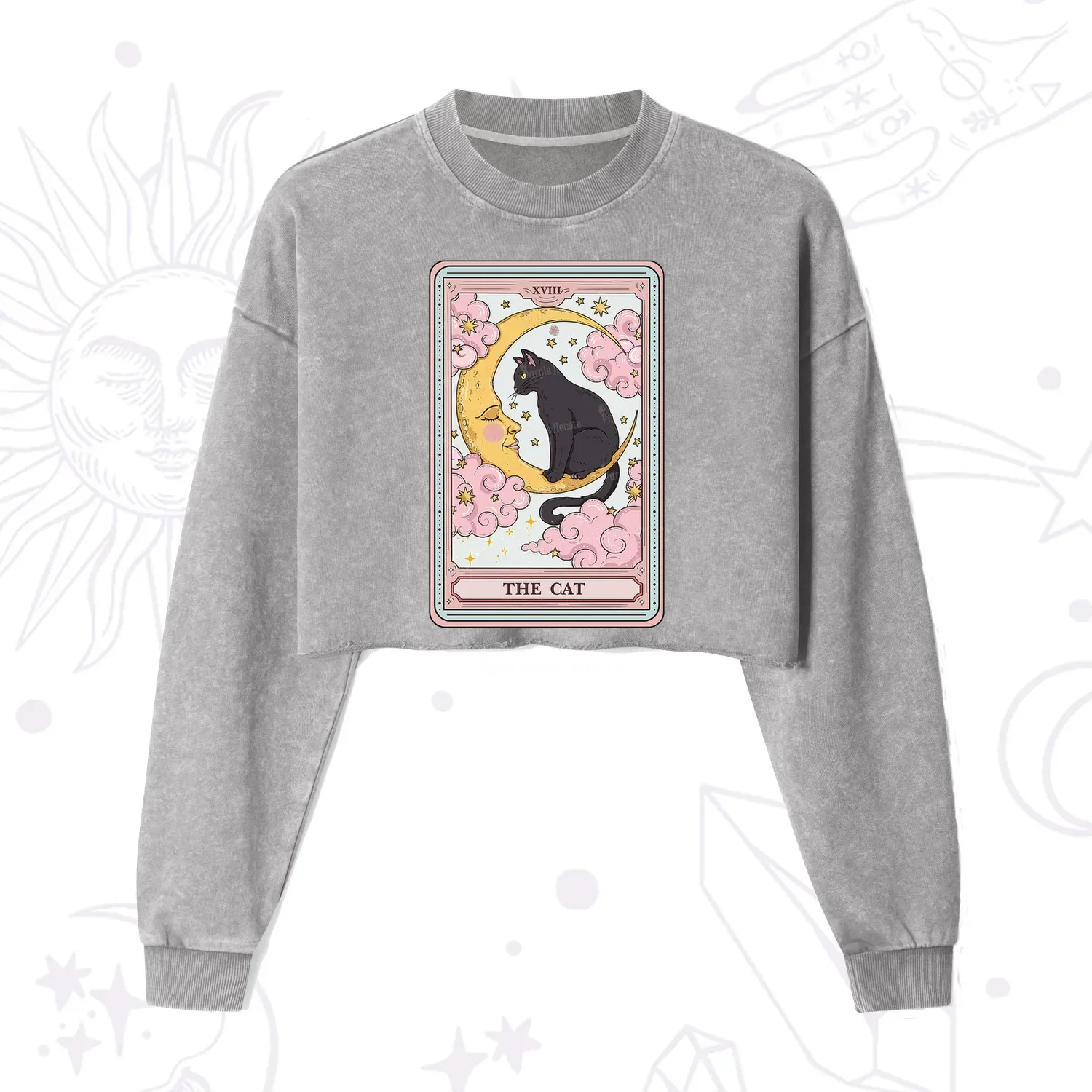 Purplehecate The Cat Tarot Card Cropped Washed Sweatshirt