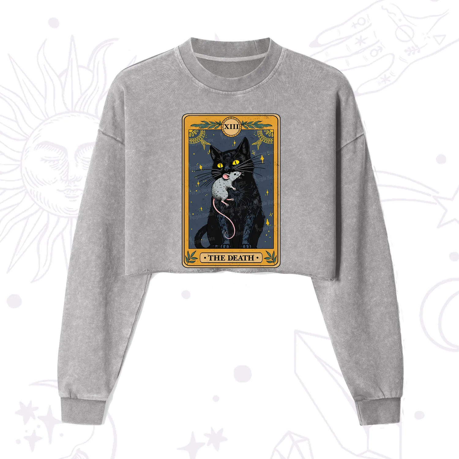 Purplehecate The Death Tarot Cat Cropped Washed Sweatshirt