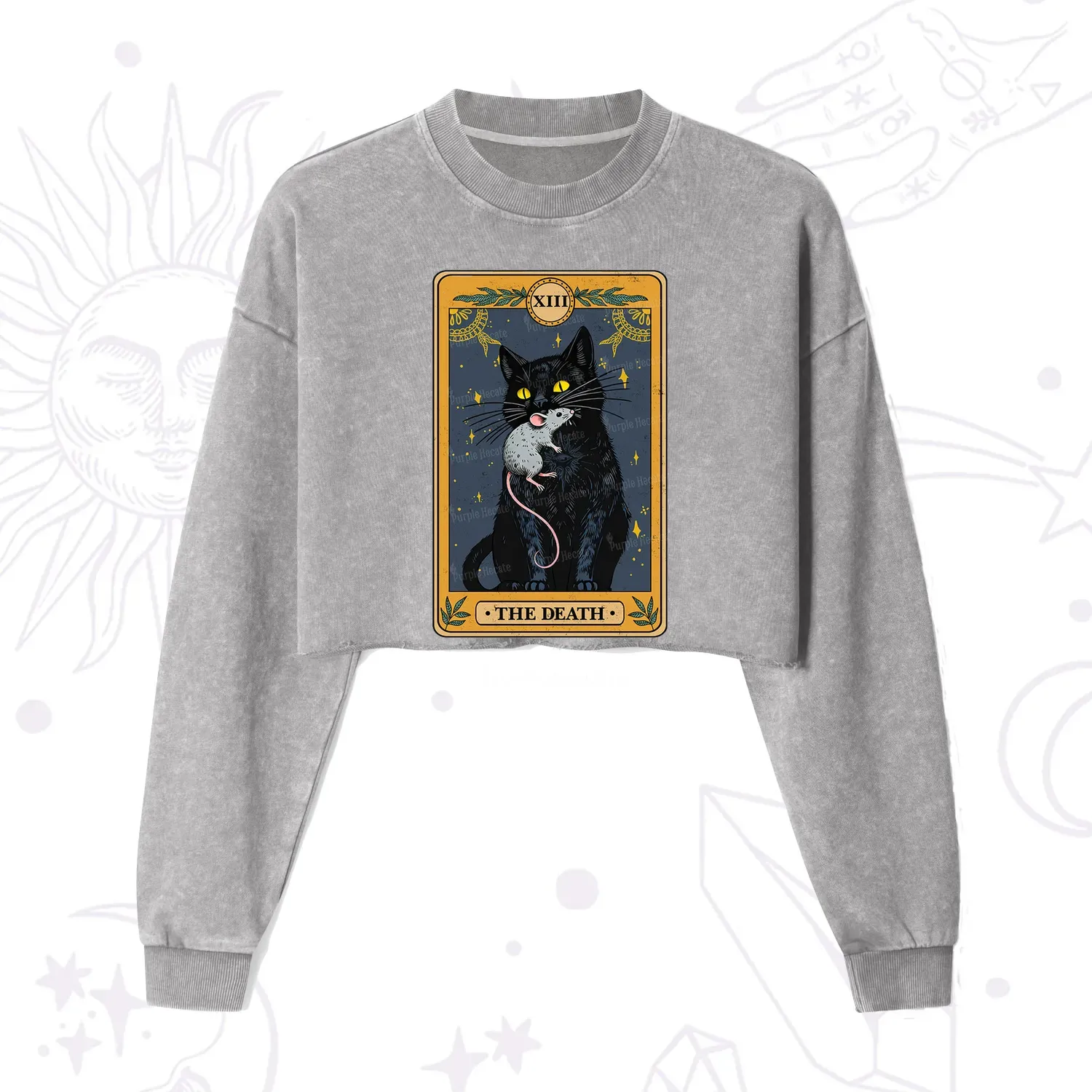 Purplehecate The Death Tarot Cat Cropped Washed Sweatshirt
