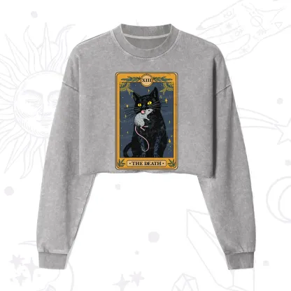 Purplehecate The Death Tarot Cat Cropped Washed Sweatshirt