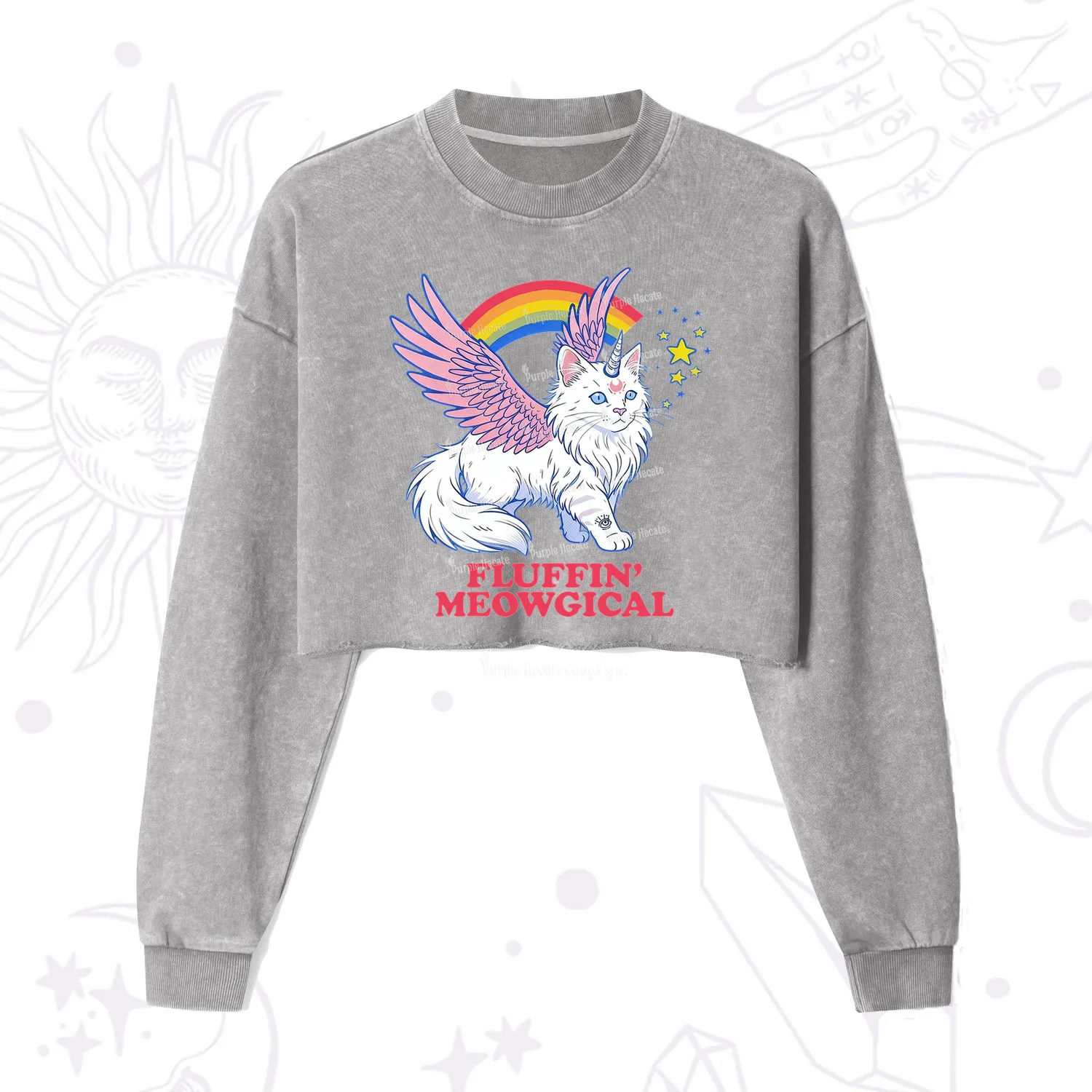 Purplehecate Fluffin Meowgical Cropped Washed Sweatshirt