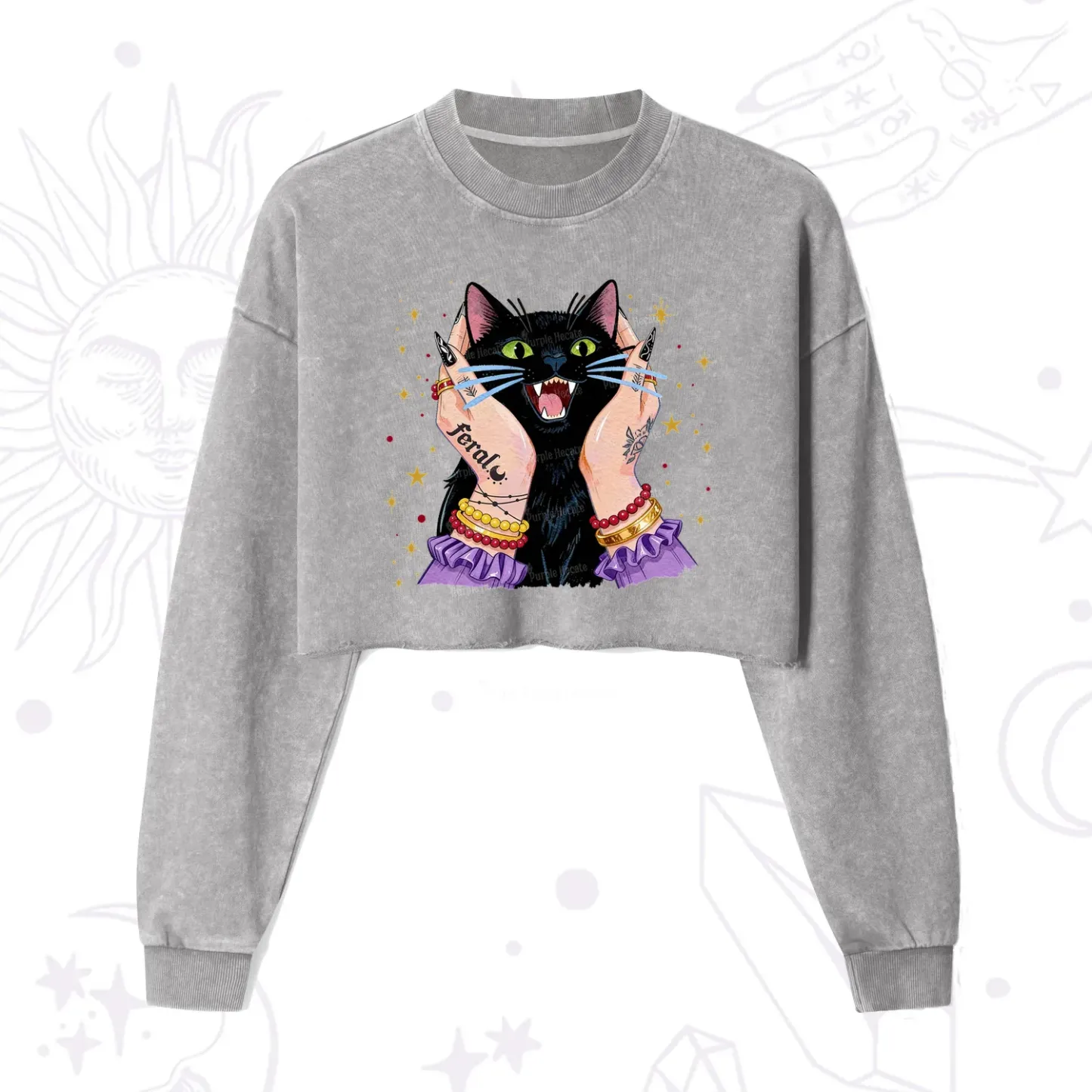Purplehecate Feral Cat Magic Cropped Washed Sweatshirt
