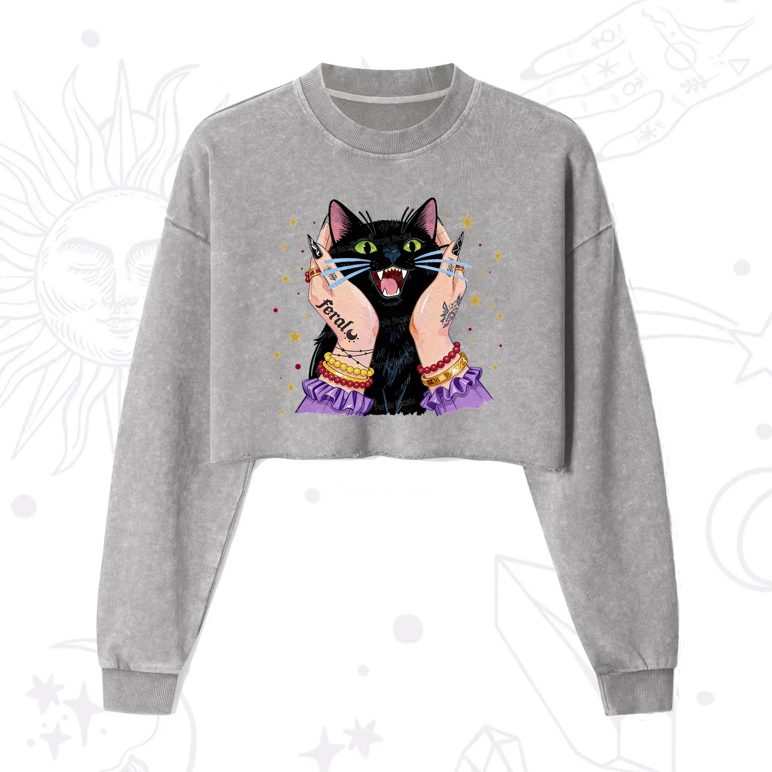 Purplehecate Feral Cat Magic Cropped Washed Sweatshirt