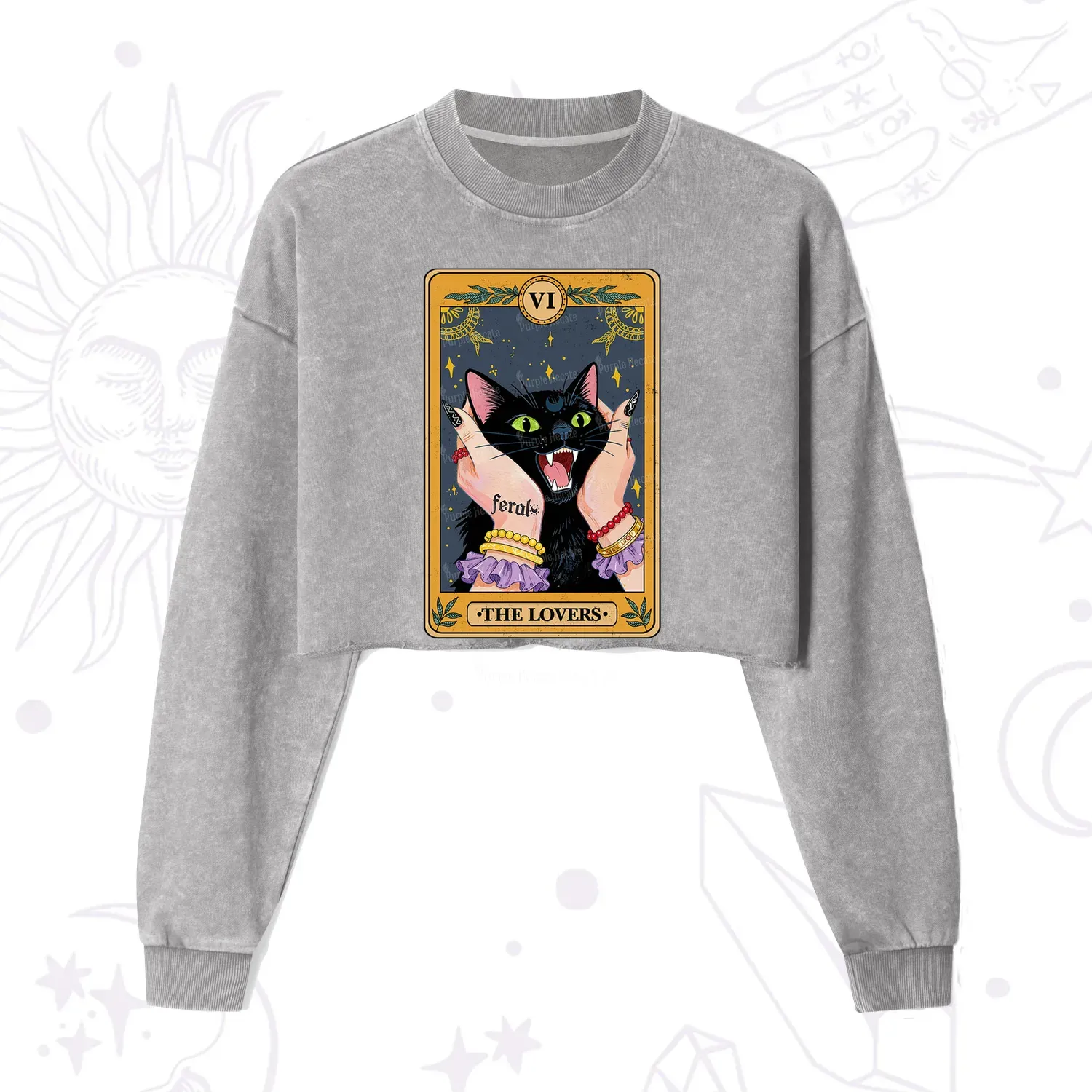 Purplehecate The Lovers Tarot Feral Cat Cropped Washed Sweatshirt