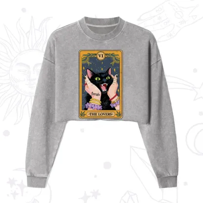 Purplehecate The Lovers Tarot Feral Cat Cropped Washed Sweatshirt