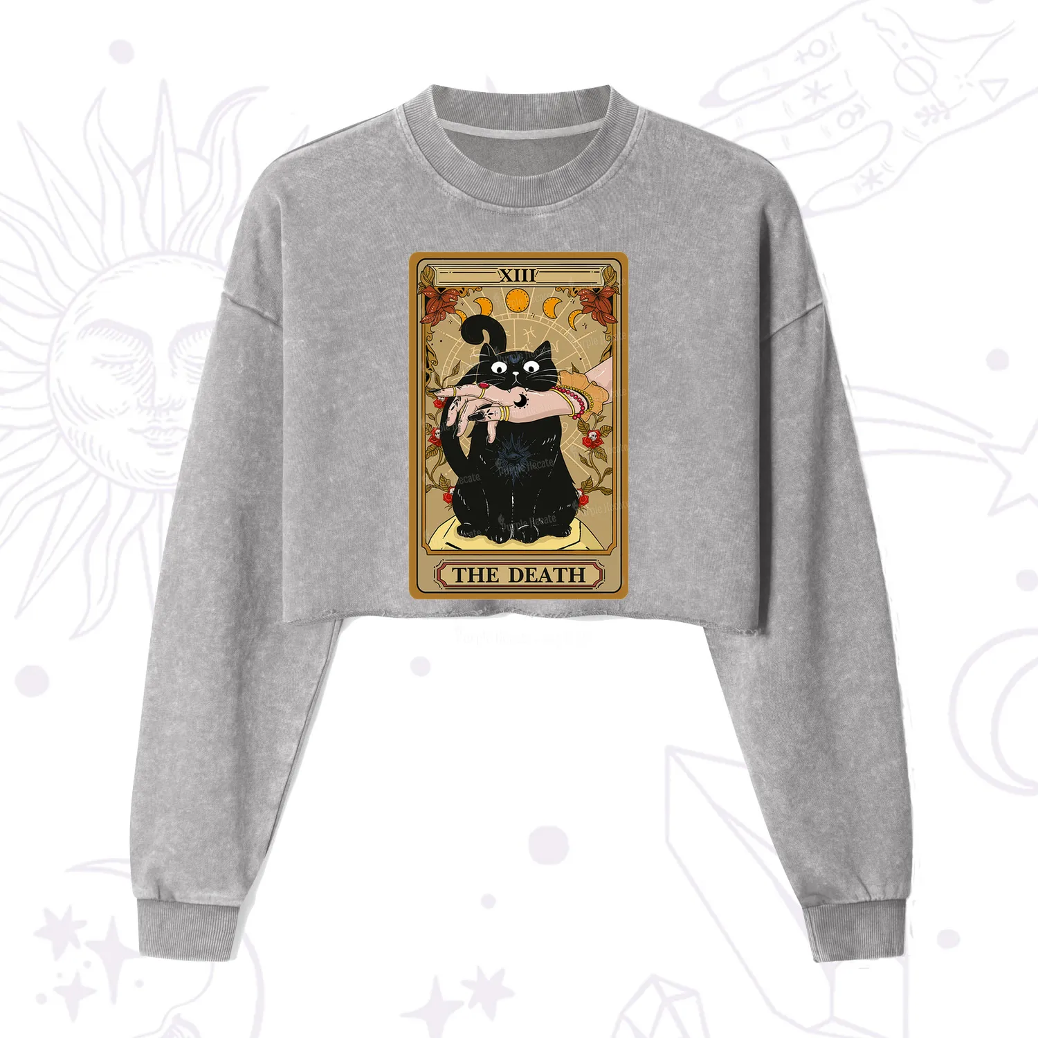 Purplehecate The Death Tarot Black Cat Cropped Washed Sweatshirt