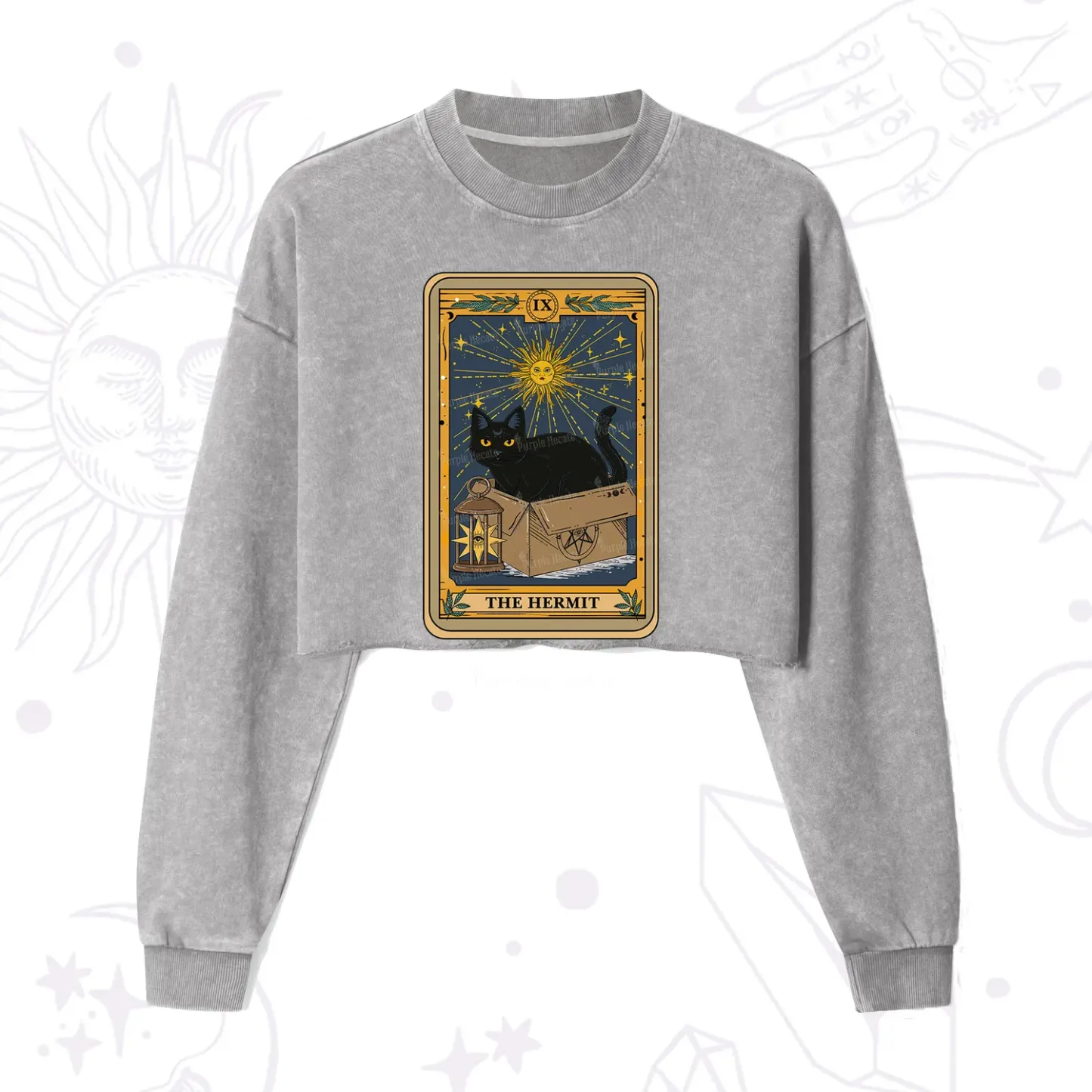 Purplehecate The Hermit Card Cat Lover Cropped Washed Sweatshirt