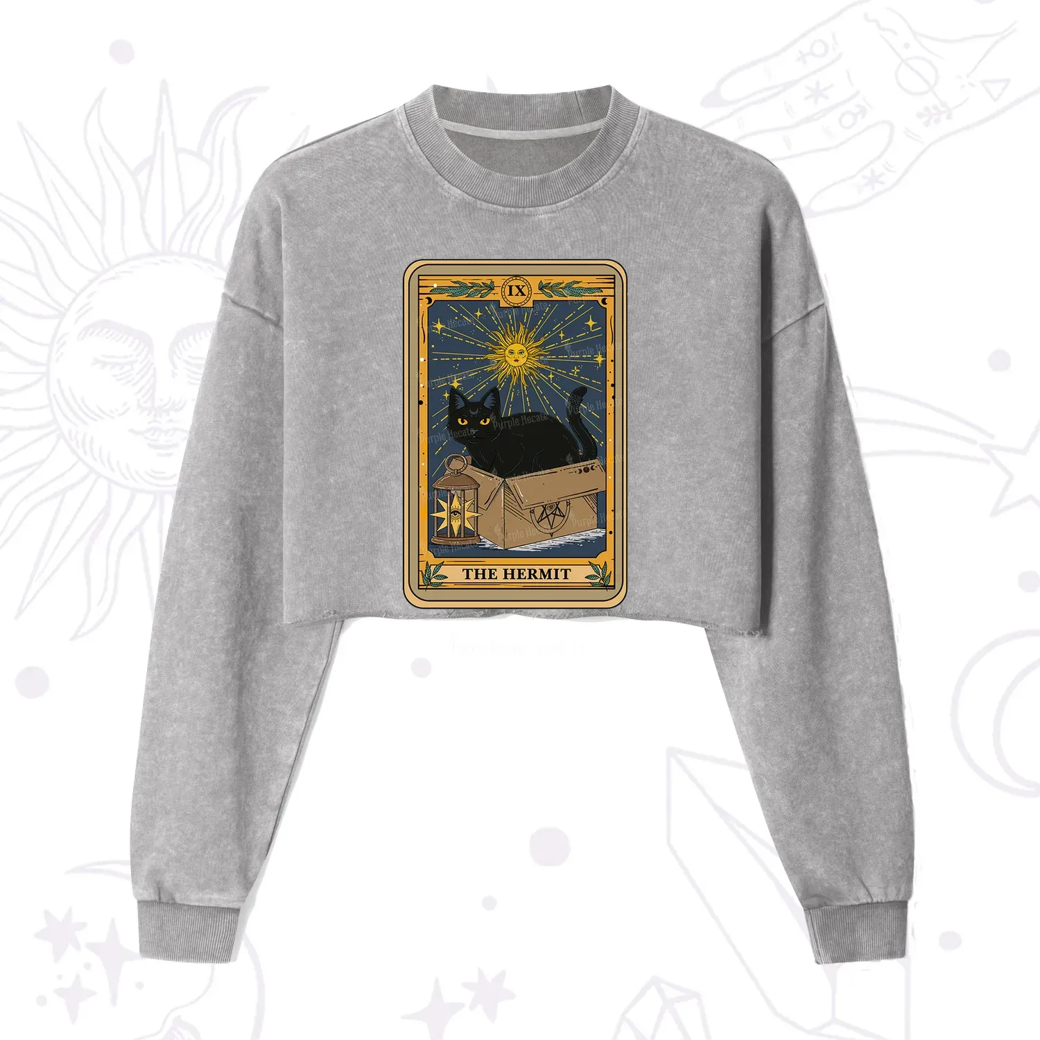 Purplehecate The Hermit Card Cat Lover Cropped Washed Sweatshirt