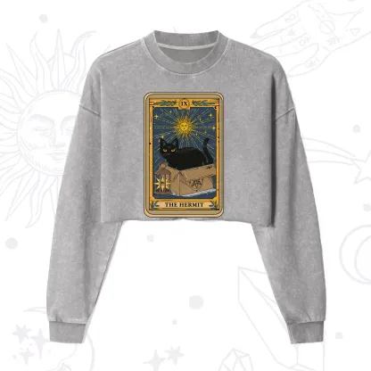 Purplehecate The Hermit Card Cat Lover Cropped Washed Sweatshirt