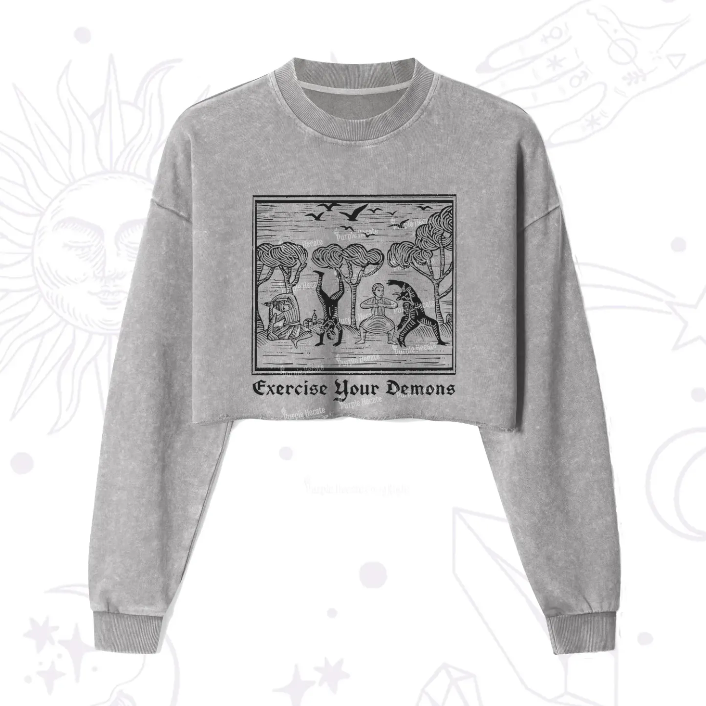Purplehecate Exercise Your Demons Cropped Washed Sweatshirt