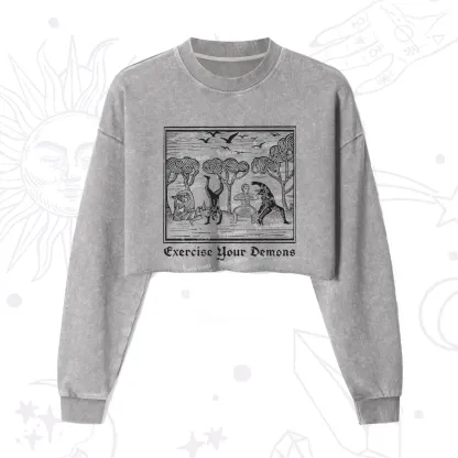 Purplehecate Exercise Your Demons Cropped Washed Sweatshirt