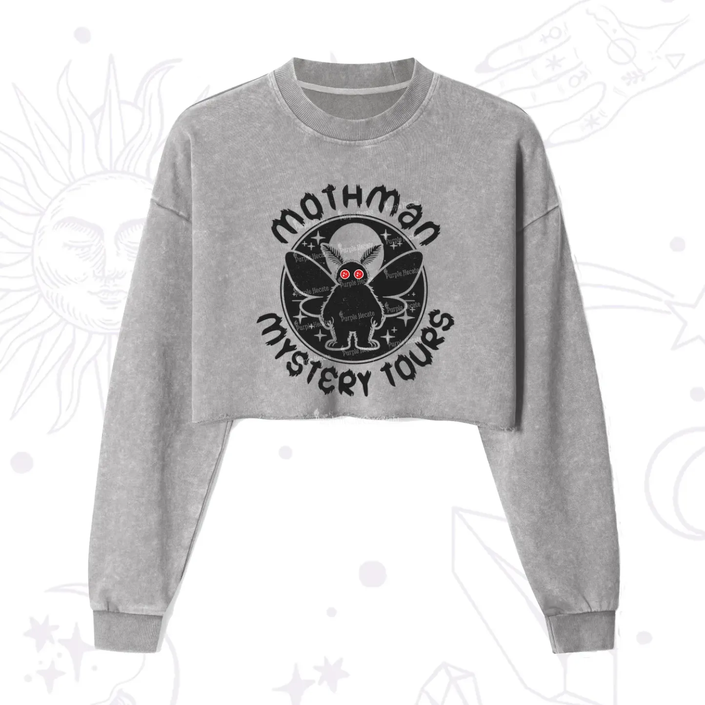 Purplehecate Mothman Mystery Tours Cropped Washed Sweatshirt
