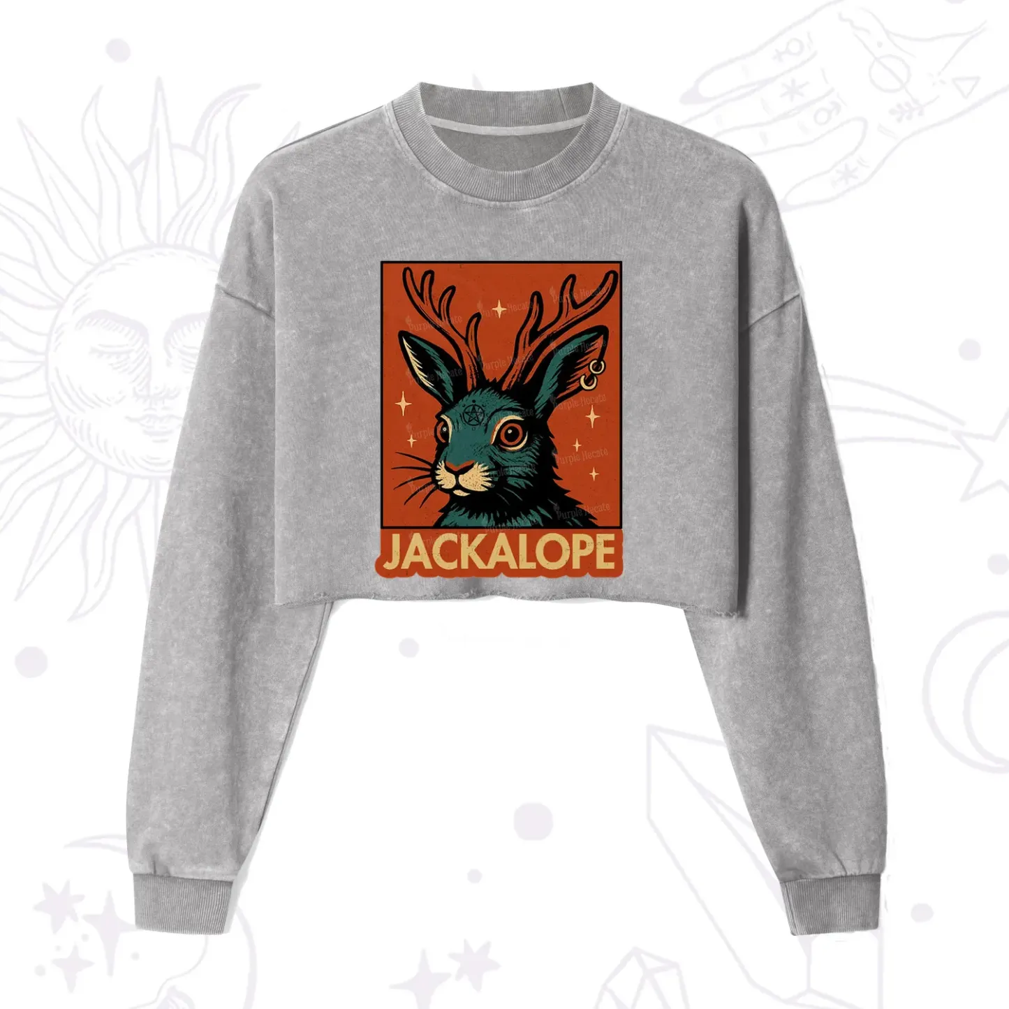 Purplehecate Funny Jackalope Cropped Washed Sweatshirt