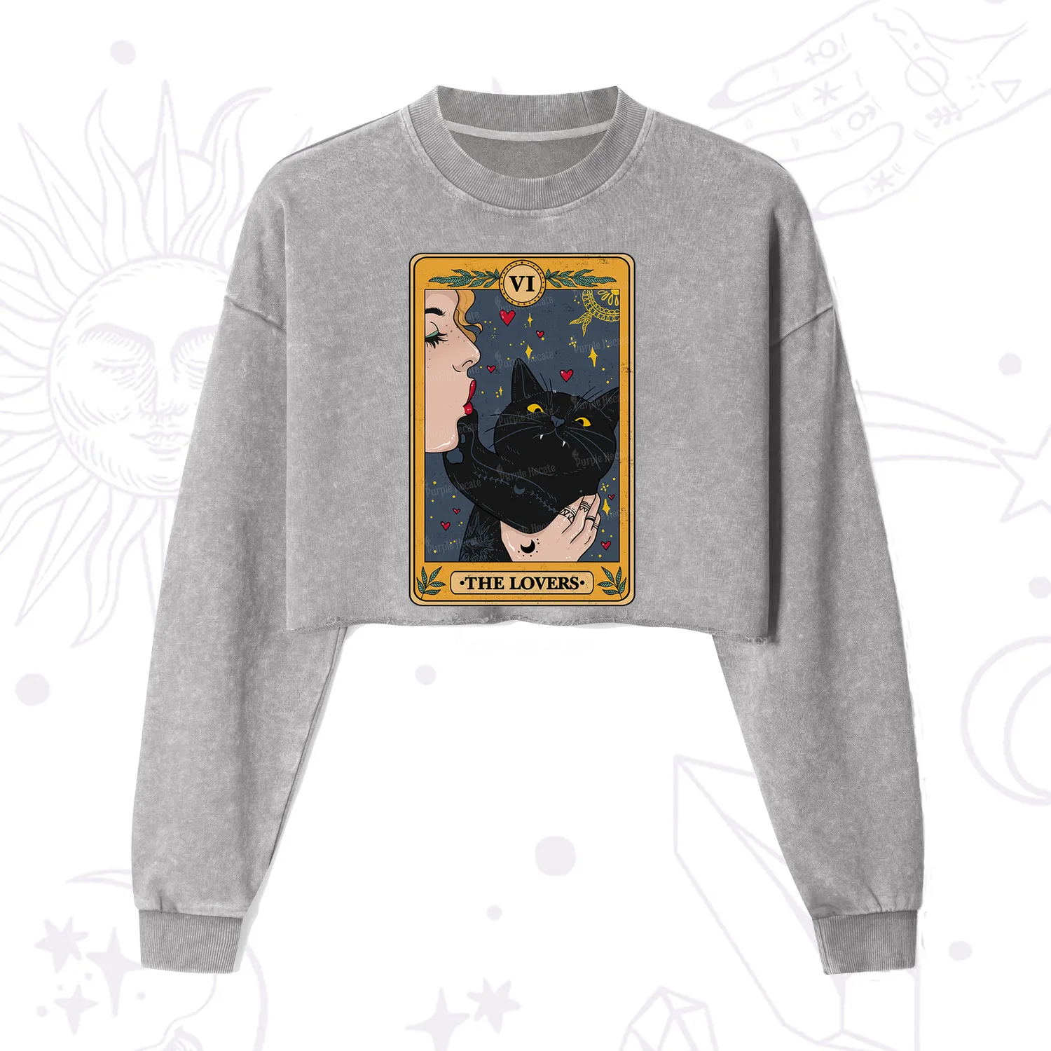 Purplehecate The Lovers Cat Tarot Cropped Washed Sweatshirt