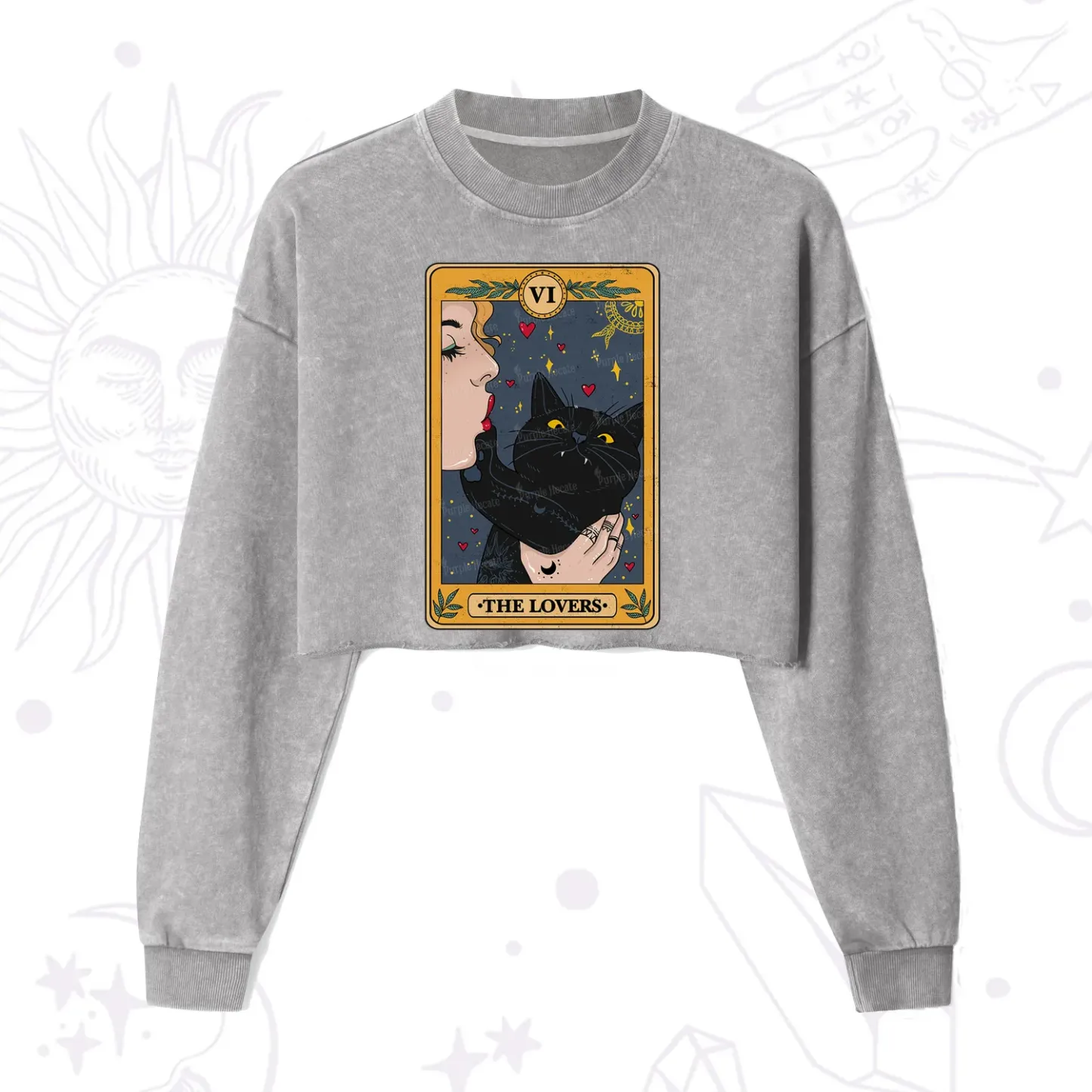 Purplehecate The Lovers Cat Tarot Cropped Washed Sweatshirt