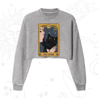 Purplehecate The Lovers Cat Tarot Cropped Washed Sweatshirt