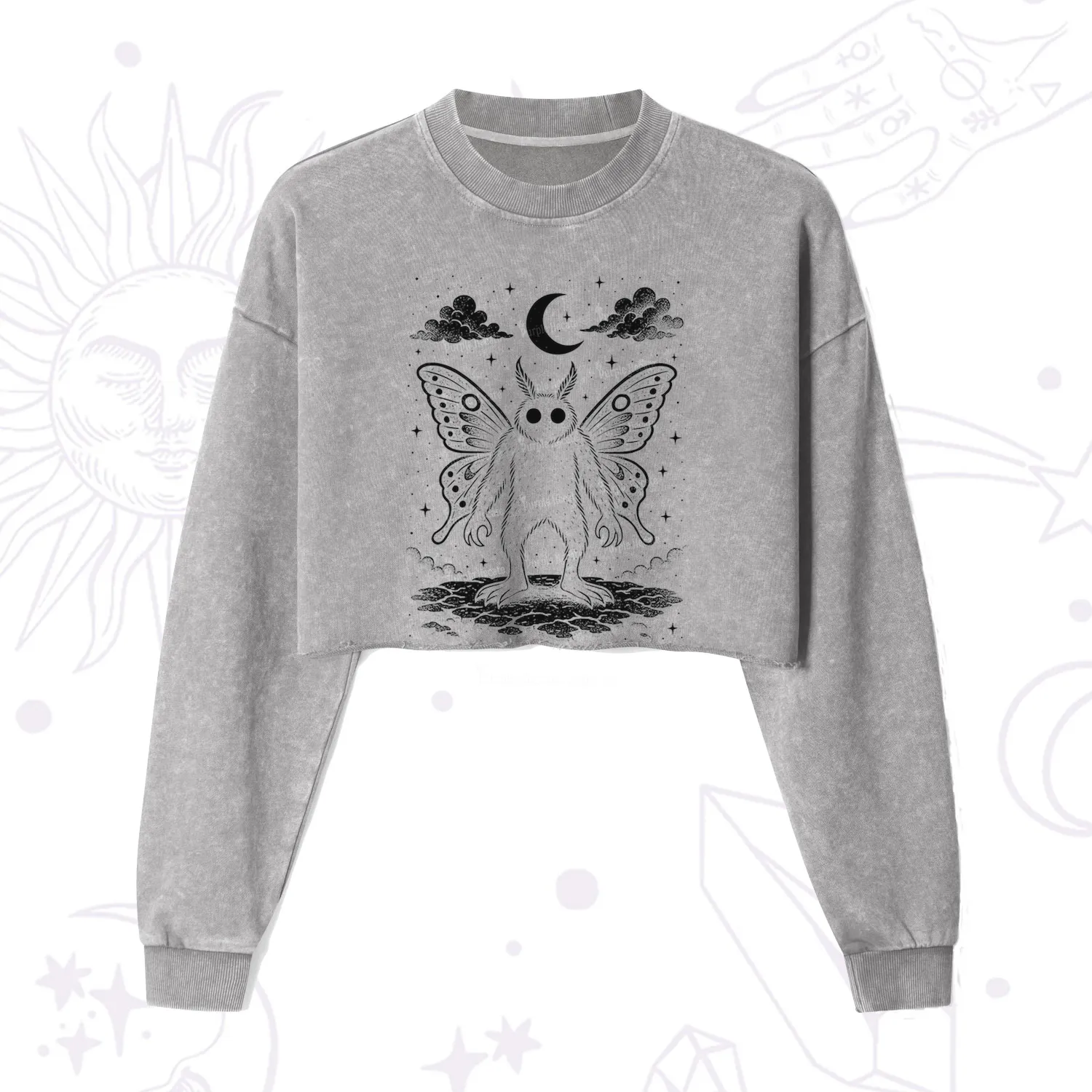 Purplehecate Celestial Cryptid Mothman Cropped Washed Sweatshirt
