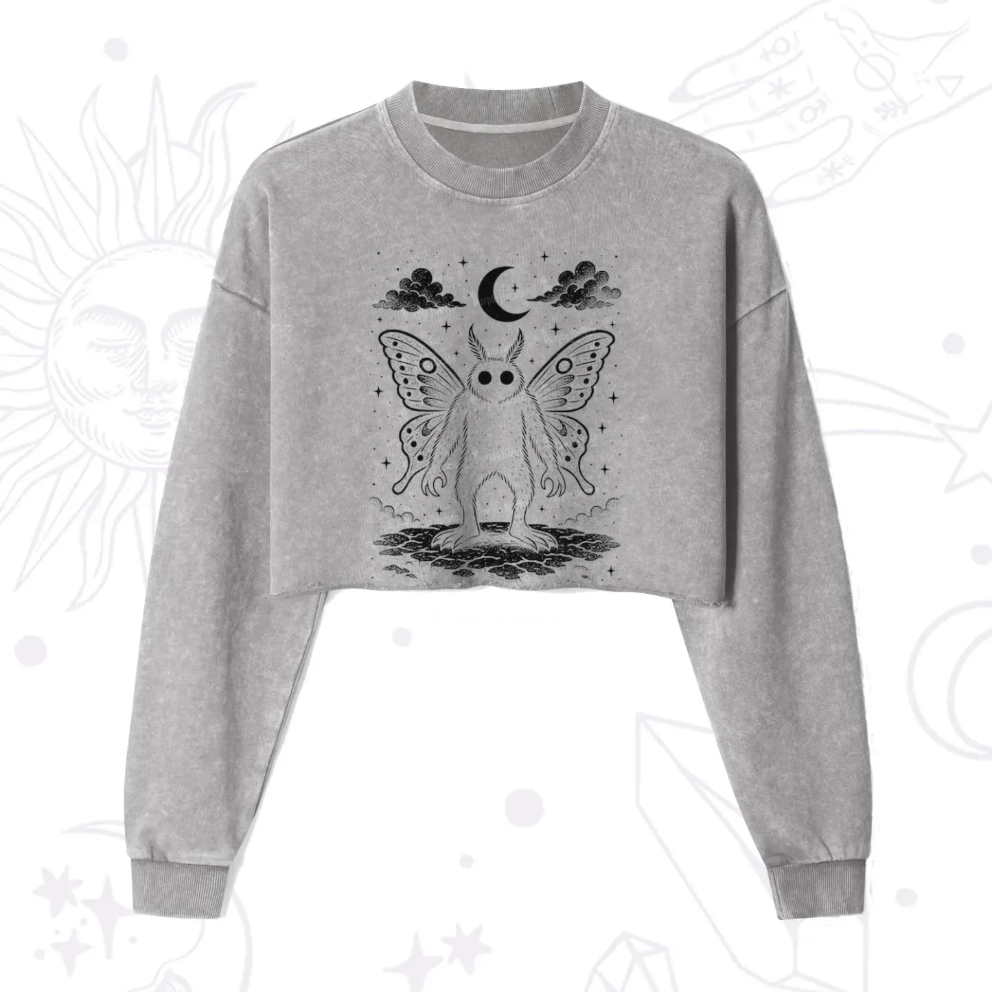 Purplehecate Celestial Cryptid Mothman Cropped Washed Sweatshirt
