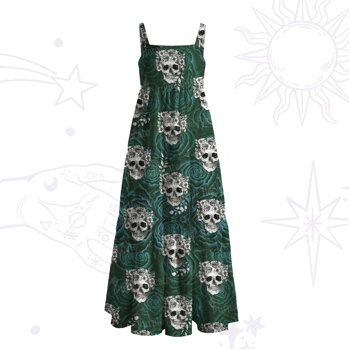 Purplehecate Rose Skull Wide Straps Maxi Dress
