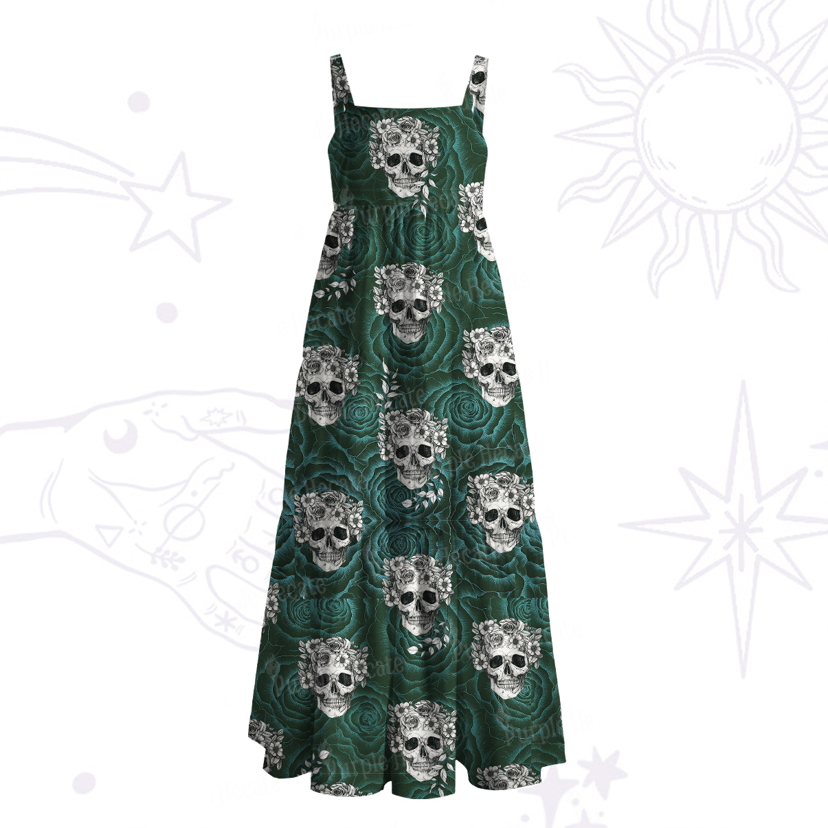 Purplehecate Rose Skull Wide Straps Maxi Dress