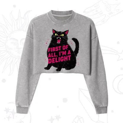 Purplehecate First Of All I'm A Delight Cat Cropped Washed Sweatshirt