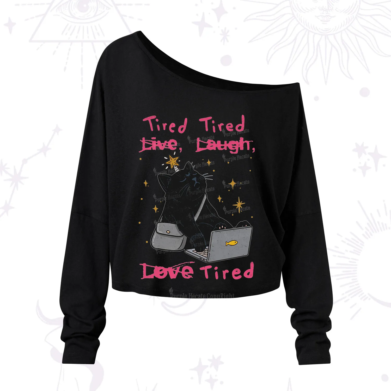 Purplehecate Tired Cat One Shoulder Long Sleeve Shirt