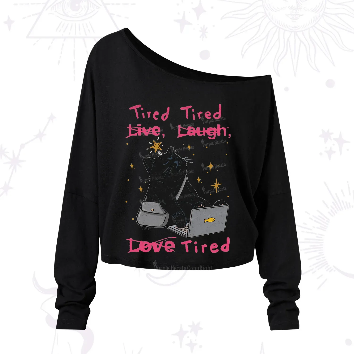 Purplehecate Tired Cat One Shoulder Long Sleeve Shirt