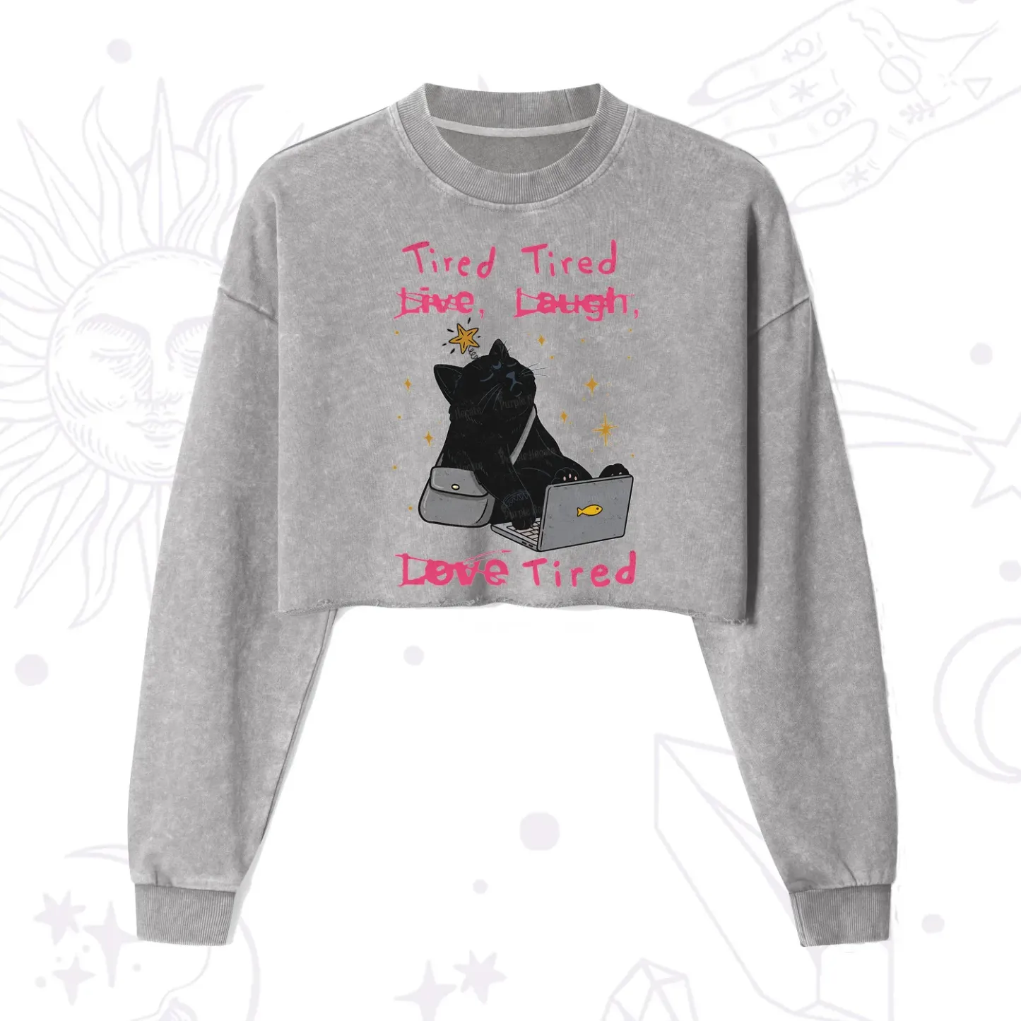 Purplehecate Tired Cat Cropped Washed Sweatshirt