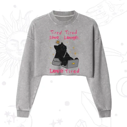 Purplehecate Tired Cat Cropped Washed Sweatshirt