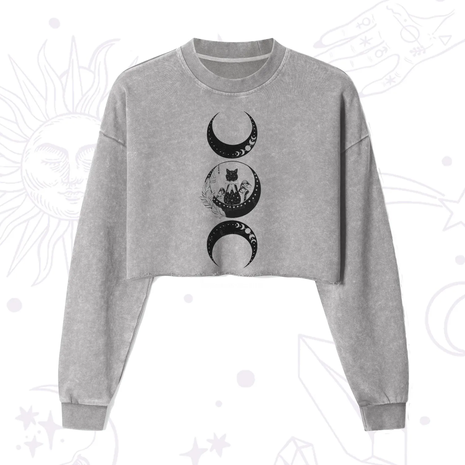 Purplehecate Cat And Moon Phases Cropped Washed Sweatshirt
