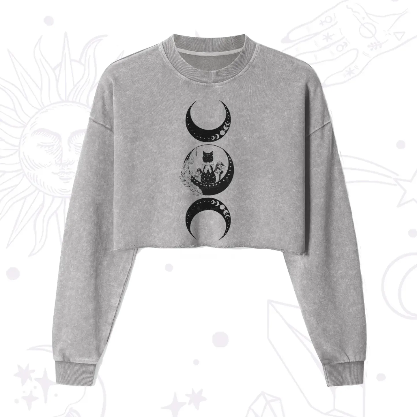 Purplehecate Cat And Moon Phases Cropped Washed Sweatshirt