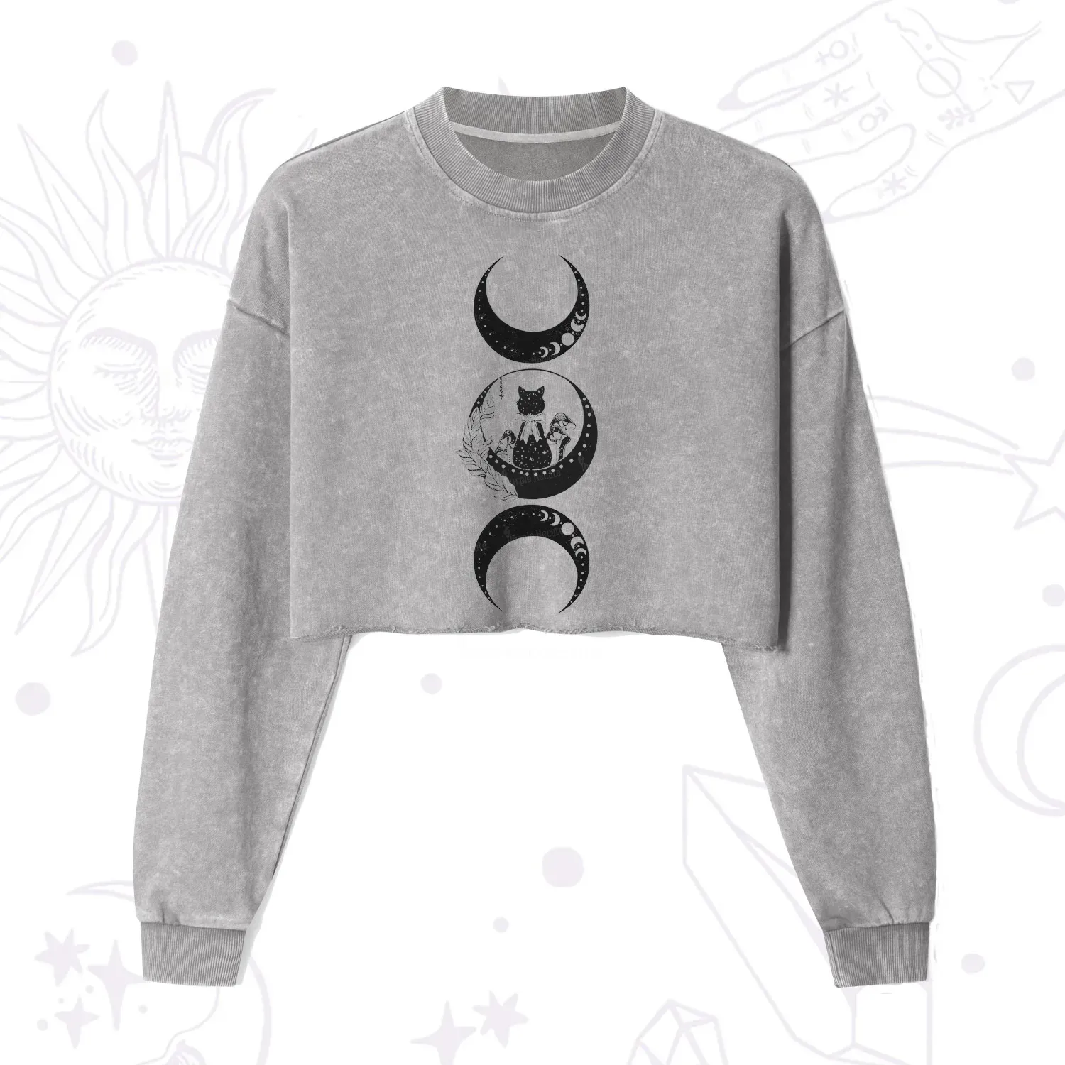 Purplehecate Cat And Moon Phases Cropped Washed Sweatshirt