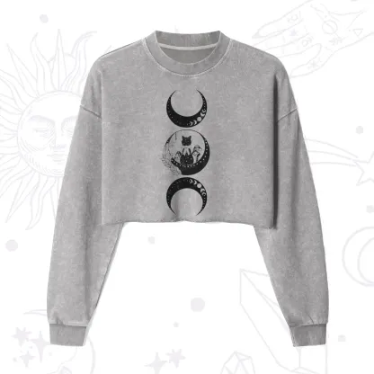 Purplehecate Cat And Moon Phases Cropped Washed Sweatshirt