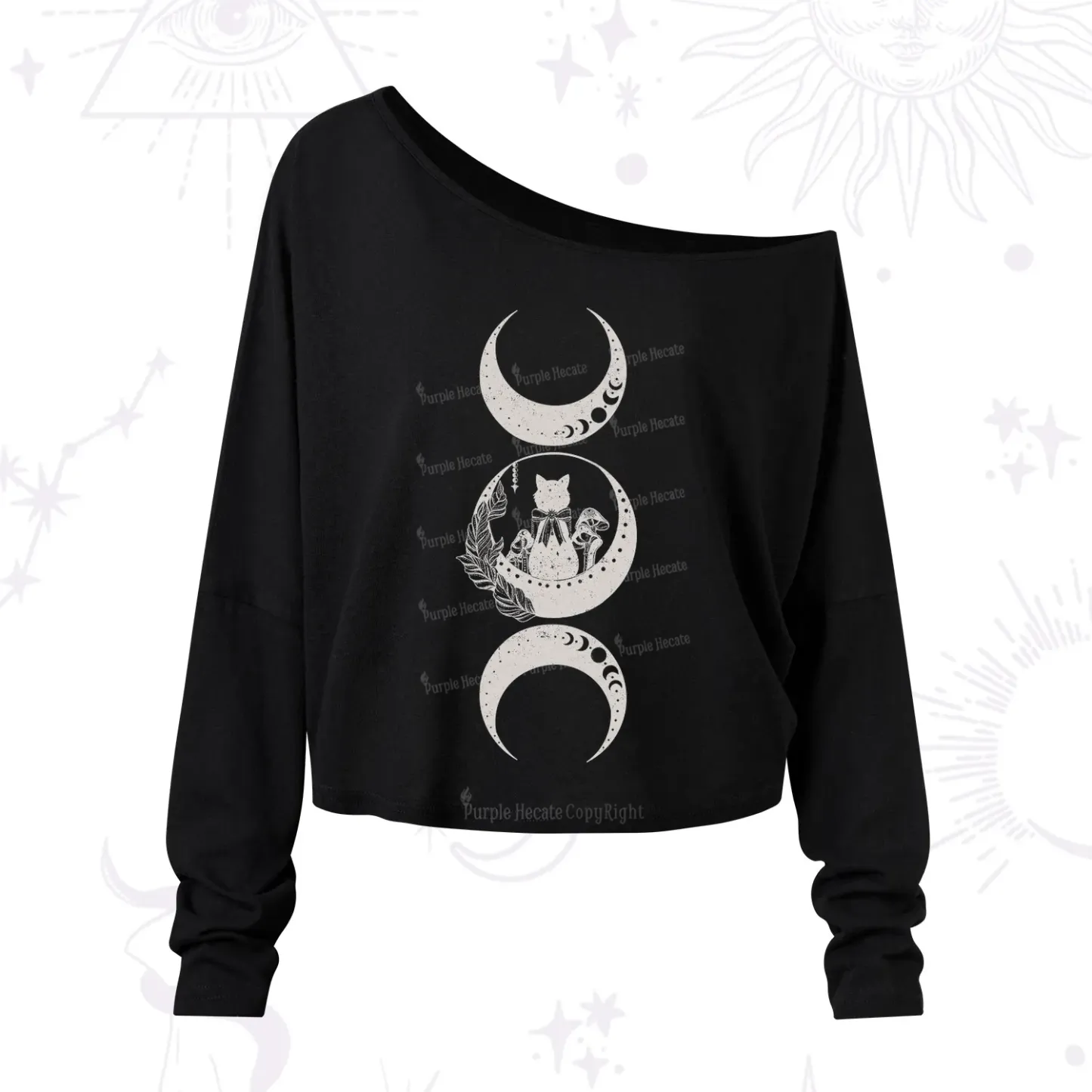 Purplehecate Cat And Moon Phases One Shoulder Long Sleeve Shirt