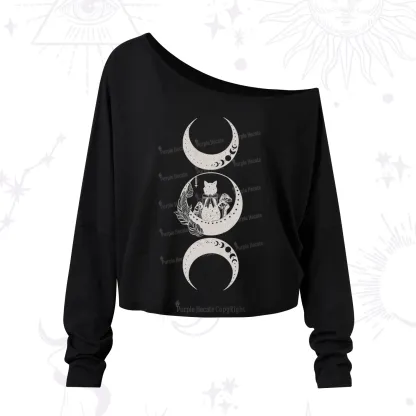 Purplehecate Cat And Moon Phases One Shoulder Long Sleeve Shirt