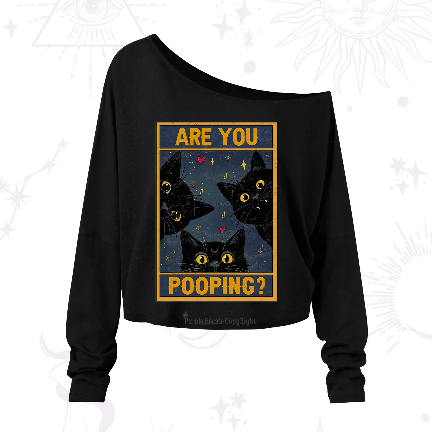 Purplehecate Funny Black Cat Are You Pooping One Shoulder Long Sleeve Shirt