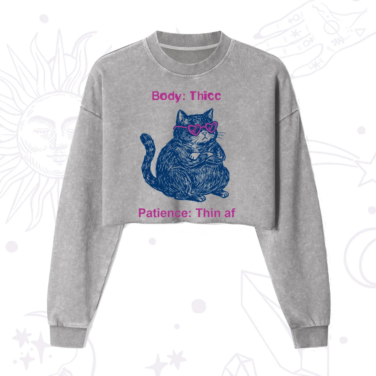 Purplehecate Body Thicc Patience Thin Af Cat Cropped Washed Sweatshirt