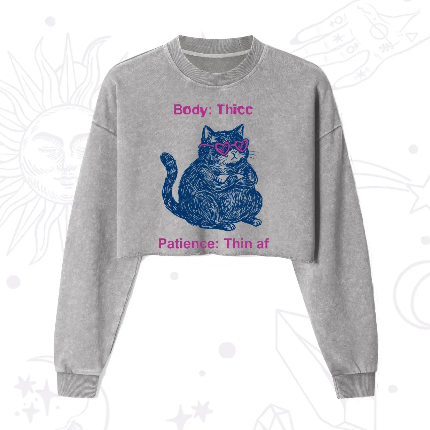 Purplehecate Body Thicc Patience Thin Af Cat Cropped Washed Sweatshirt