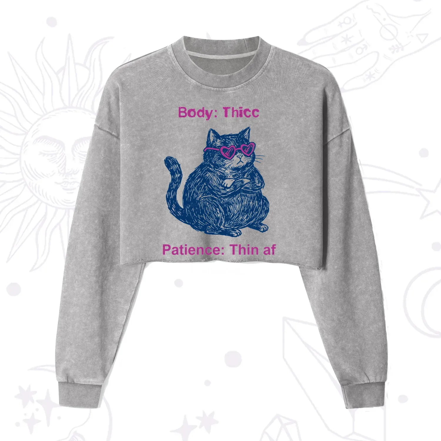 Purplehecate Body Thicc Patience Thin Af Cat Cropped Washed Sweatshirt