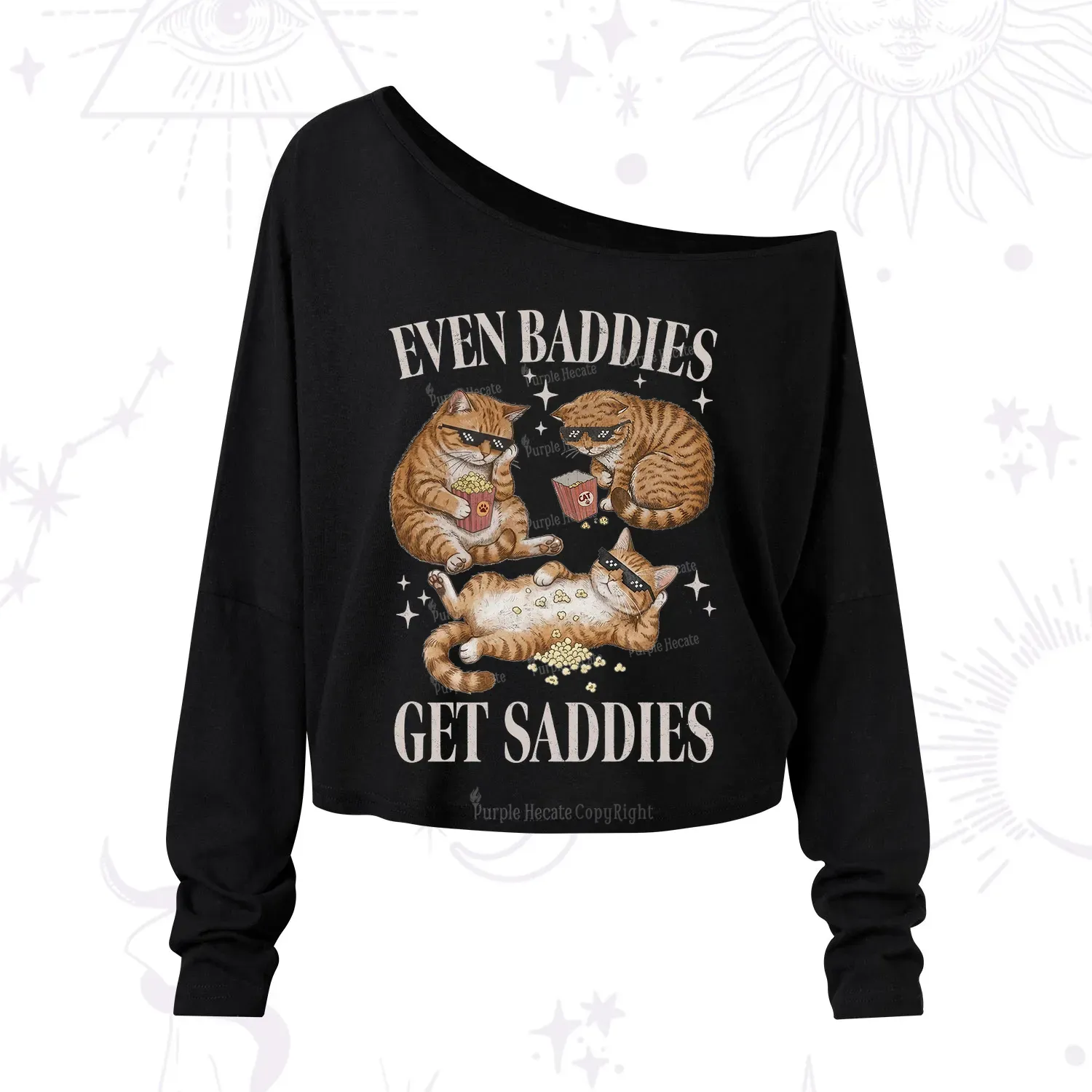 Purplehecate Even Baddies Get Saddies Funny Cat One Shoulder Long Sleeve Shirt