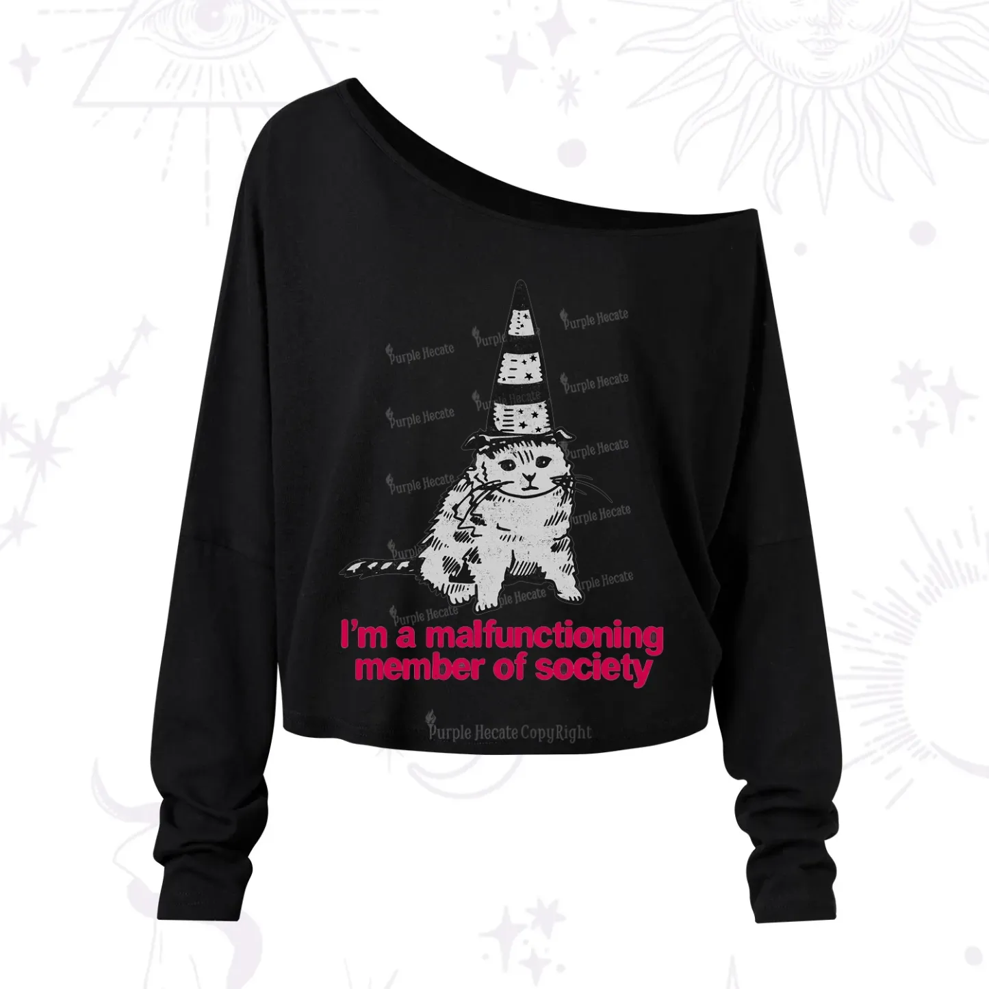 Purplehecate Social Anxiety Cat One Shoulder Long Sleeve Shirt