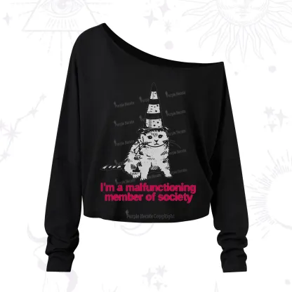 Purplehecate Social Anxiety Cat One Shoulder Long Sleeve Shirt