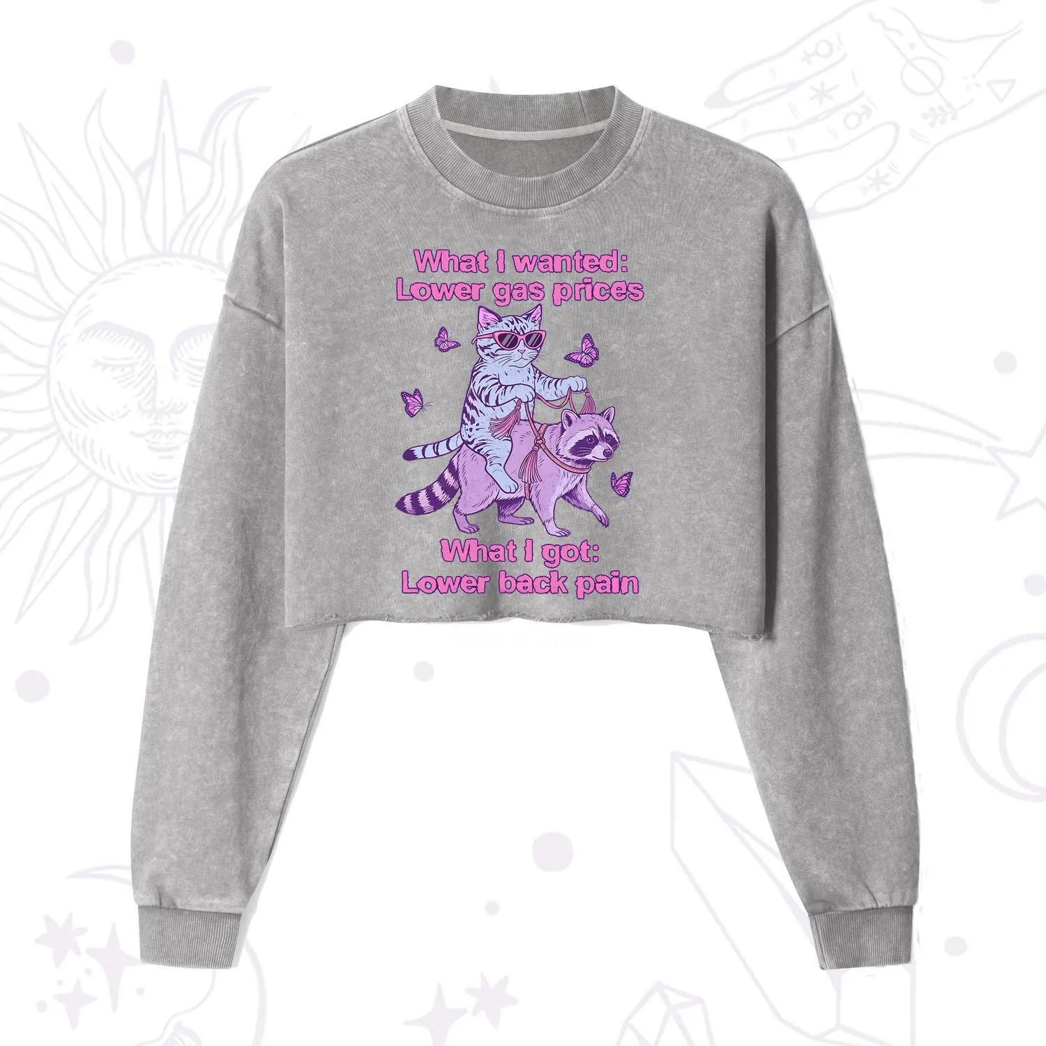 Purplehecate Lower Gas Prices Lower Back Pain Cat Cropped Washed Sweatshirt