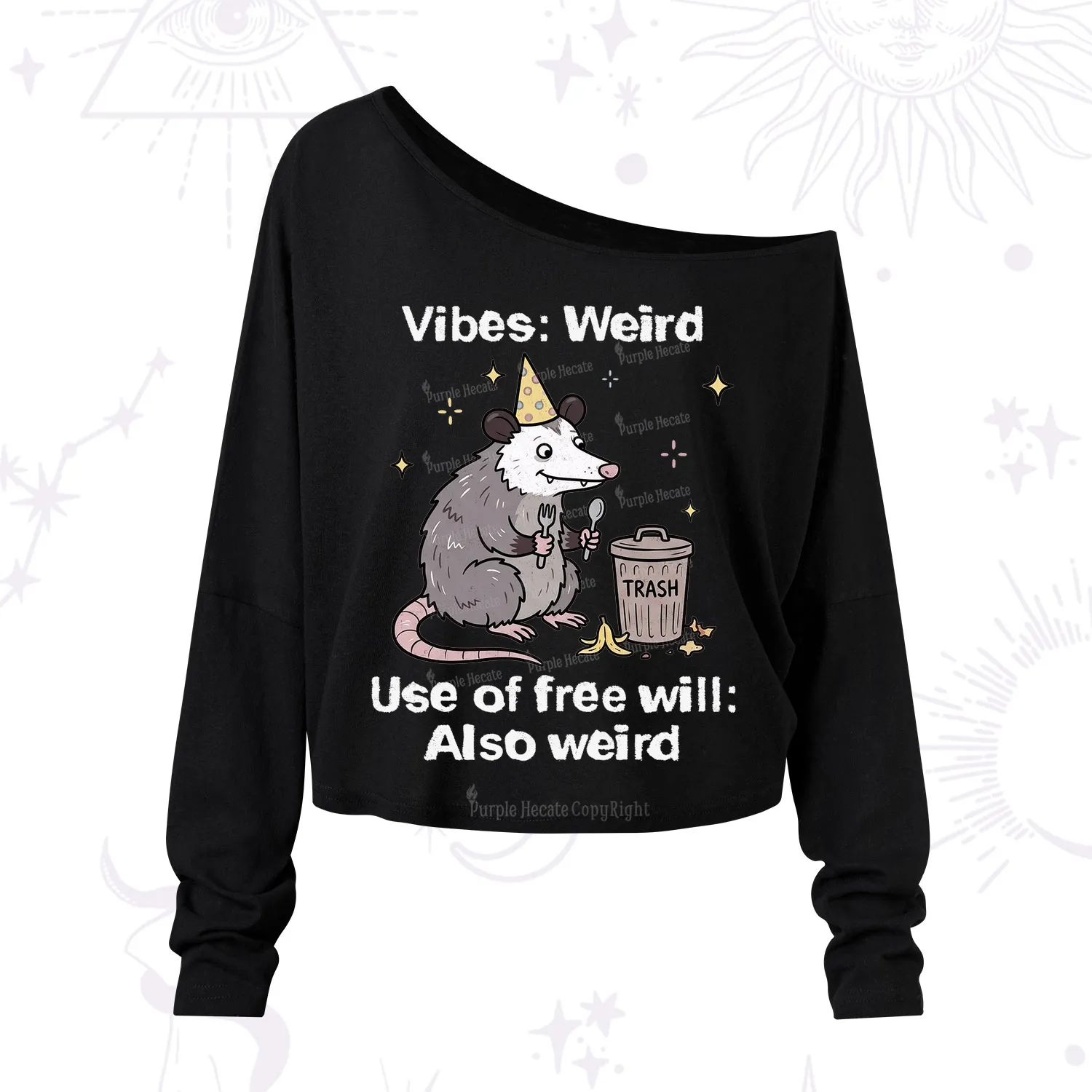 Purplehecate Weird Vibes Only Opossum One Shoulder Long Sleeve Shirt