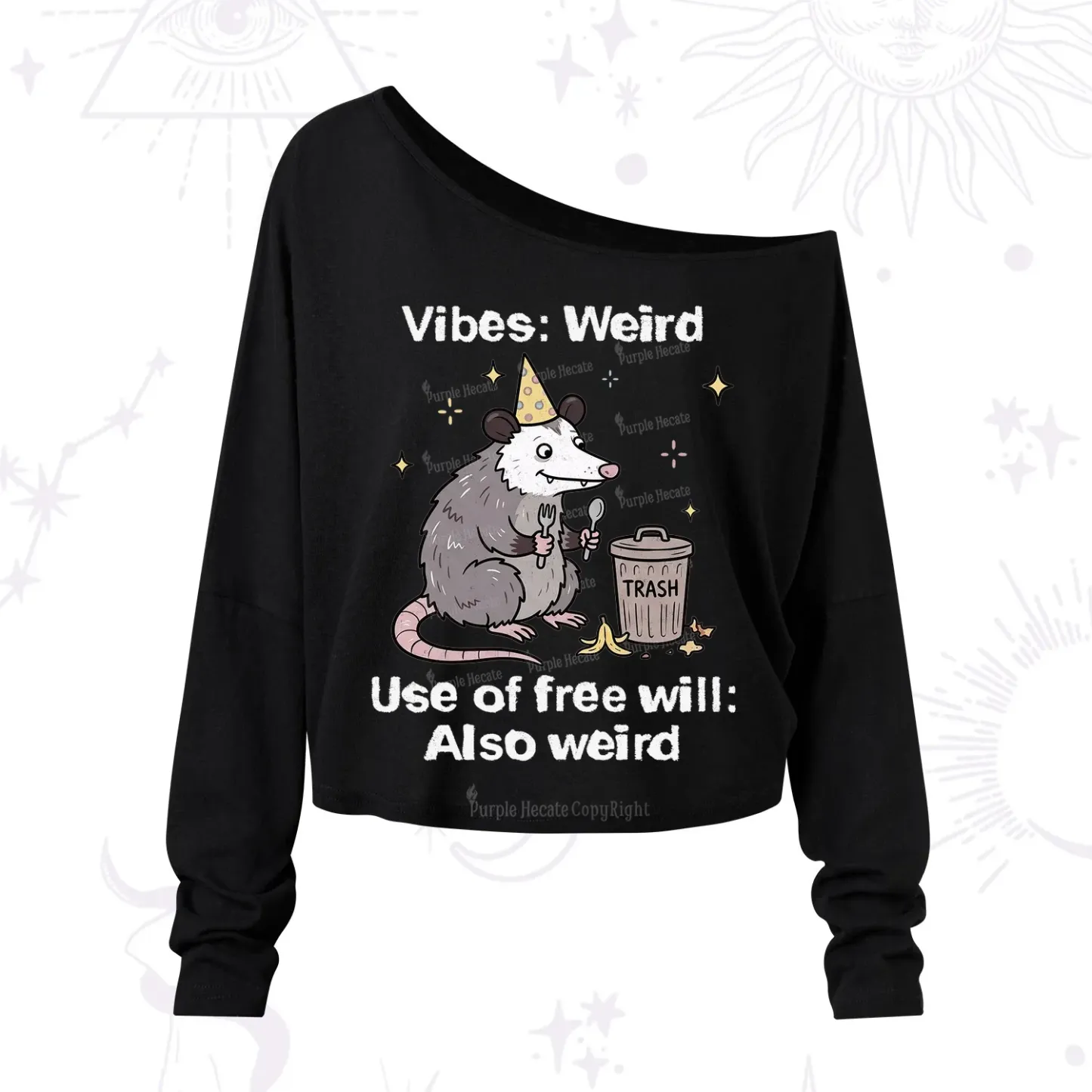 Purplehecate Weird Vibes Only Opossum One Shoulder Long Sleeve Shirt
