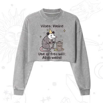 Purplehecate Weird Vibes Only Opossum Cropped Washed Sweatshirt