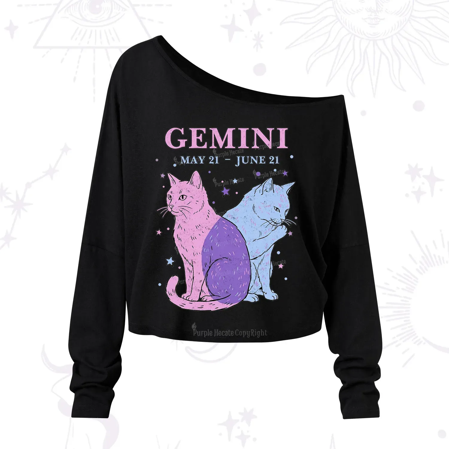 Purplehecate Gemini Zodiac Cats One Shoulder Long Sleeve Shirt